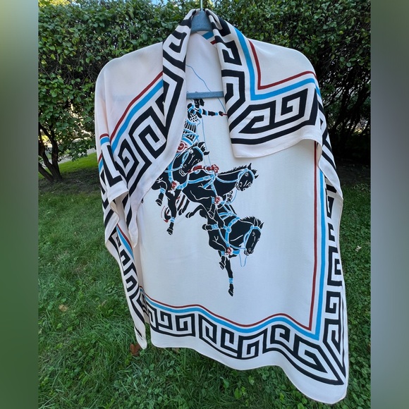 Vintage Chariot Scene Crepe Silk Scarf | Cohama | Charioteer Warrior | 33”x38.5” - Picture 17 of 17